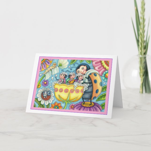 MUTTER LADYBUG & KINDER, TULIP BUBBLE BAD Leere Karte (Vorderseite)