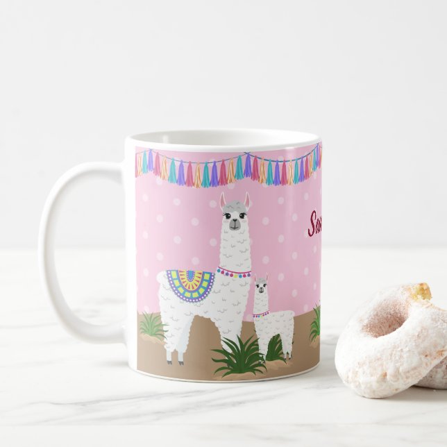 Mutter Llama und Baby-Lama-Rosa-Tupfen Kaffeetasse (Mit Donut)