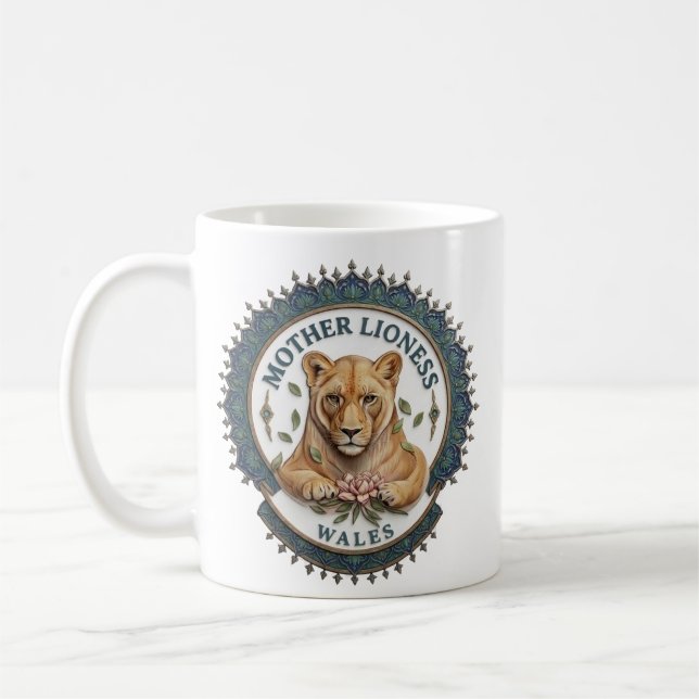 Mutter Löwin. Wales Kaffeetasse (Links)