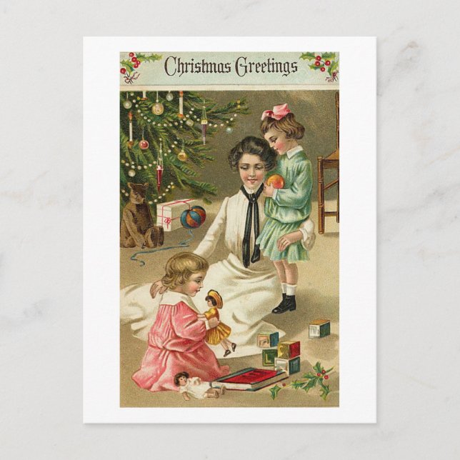 Mutter, Mädchen und Spielzeug zu Weihnachten (Vorderseite)
