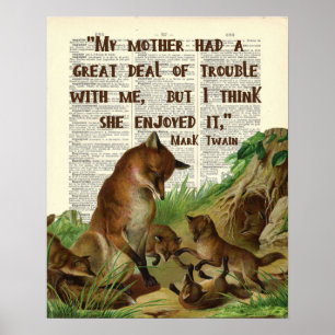 Mutter Mark Twain Fox Art Antique Dictionary Pages Poster
