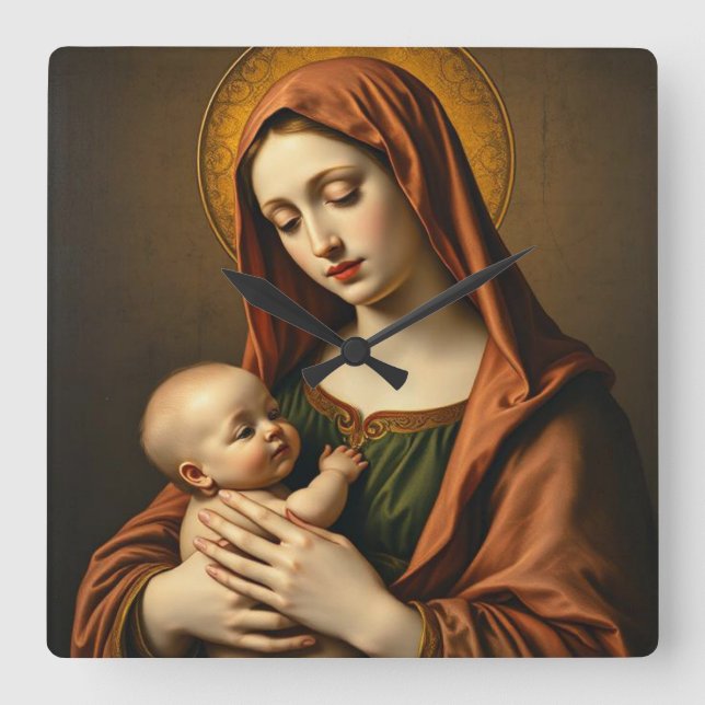 Mutter Mary and Baby Jesus Wall Clock Quadratische Wanduhr (Vorderseite)