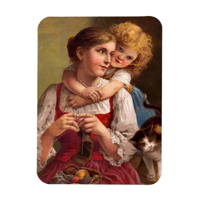 Mutter mit Kind und Katze kneten Magnet (Vertikal)