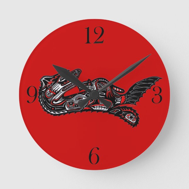 Mutter Otter im haida-Stil und Baby Otter Upper Ar Runde Wanduhr (Vorderseite)