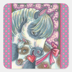 MUTTER PONY & IHR NIEDLICHER VALENTINE FILLY, PFER QUADRATISCHER AUFKLEBER