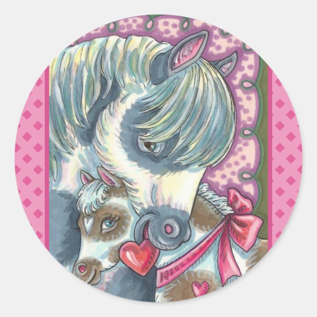 MUTTER PONY & IHR NIEDLICHER VALENTINE FILLY, PFER RUNDER AUFKLEBER (Vorderseite)