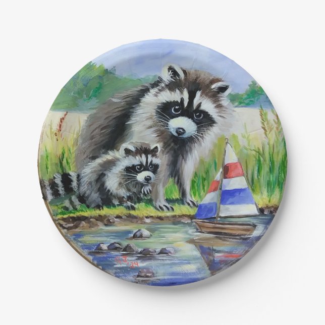 Mutter Raccoon, Baby- und Spielzeugboot Pappteller (Vorderseite)