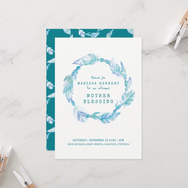 Mutter Segen Feder und Perlen aquamarine Wasserkun Einladung (Vorderseite/Rückseite Beispiel)