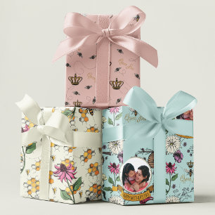 Mütter Tag Königin Biene, Honeycomb und Blume Foto Geschenkpapier Set