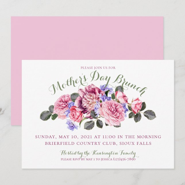 Mütter Tag Pastell Frühling Rosa Floral Einladung (Vorne/Hinten)
