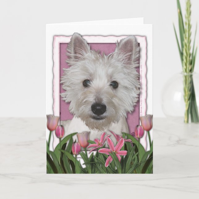 Mutter-Tag - rosa Tulpen - Westie Karte (Vorderseite)