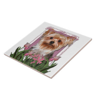 Mutter-Tag - rosa Tulpen - Yorkshire Terrier Fliese