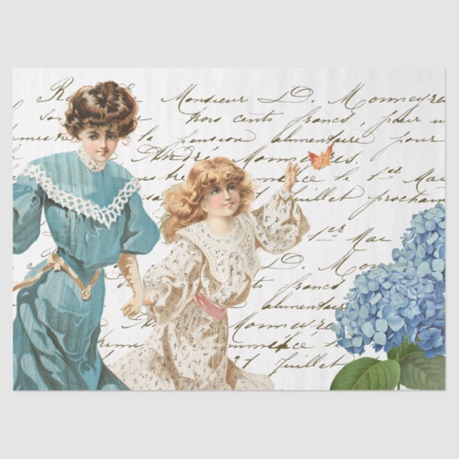 Mutter Tochter Französisch Script Blue Blume Vinta Seidenpapier (Vorderseite)