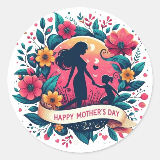 Mutter & Tochter Silhouette Floral Muttertag Runder Aufkleber (Vorderseite)