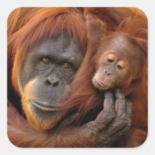 Mutter-u. Baby-Orang-Utan Quadratischer Aufkleber