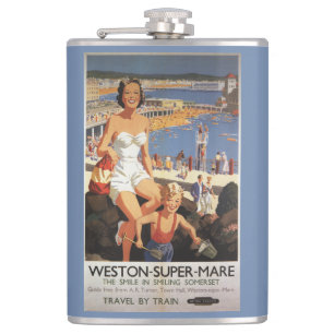 Mutter u. Sohn auf Strand-Eisenbahn-Plakat Flachmann