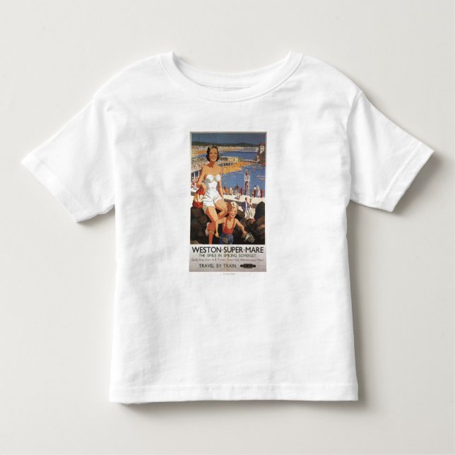 Mutter u. Sohn auf Strand-Eisenbahn-Plakat Kleinkind T-shirt (Vorderseite)
