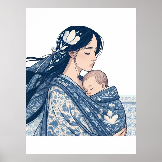 Mutter und Baby - Blue Floral Embrace Art Poster (Vorne)