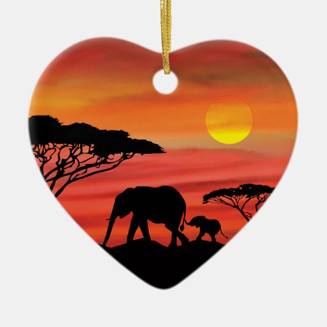 Mutter und Baby Elefant in der Serengeti Keramik Ornament (Vorne)