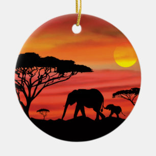 Mutter und Baby Elefant in der Serengeti Keramik Ornament