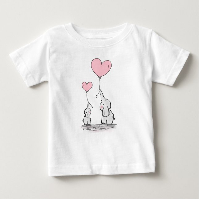 Mutter-und Baby-Elefanten mit rosa Herz-Ballonen Baby T-shirt (Vorderseite)