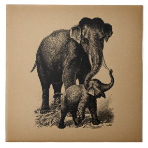 Mutter- und Baby-Elefanten-Vintage-Kunst Fliese
