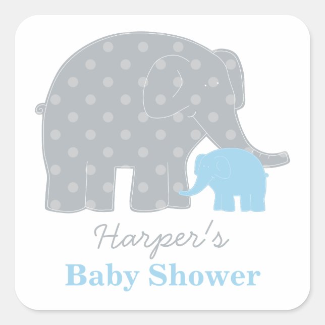 Mutter und Baby Elephant Boy Dusche Blau und Grau Quadratischer Aufkleber (Vorderseite)