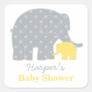 Mutter und Baby Elephant Dusche Gelb und Grau Quadratischer Aufkleber