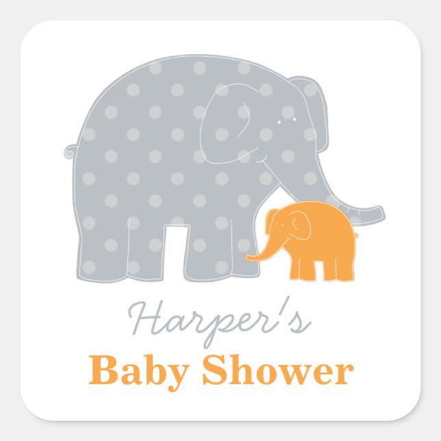 Mutter und Baby Elephant Dusche Orange und Grau Quadratischer Aufkleber (Vorderseite)