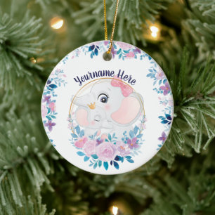 Mutter und Baby Elephant Pink Blush Blume Kranz Keramik Ornament