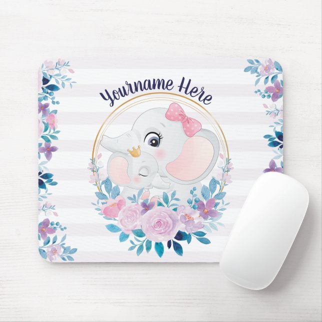 Mutter und Baby Elephant Pink Blush Blume Kranz Mousepad (Mit Mouse)