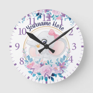 Mutter und Baby Elephant Pink Blush Blume Kranz Runde Wanduhr