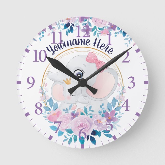 Mutter und Baby Elephant Pink Blush Blume Kranz Runde Wanduhr (Vorderseite)