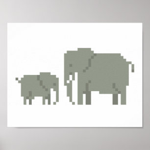 Mutter und Baby Elephant Pixel Art Poster