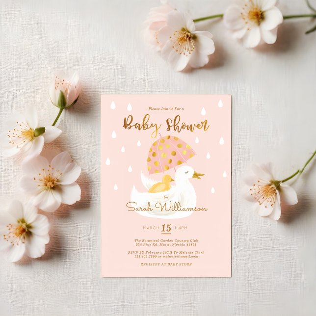 Mutter und Baby Gelber Ducky Schummel Rosa Einladung (Mother & Baby Yellow Ducky Umbrella Blush Pink Invitation)