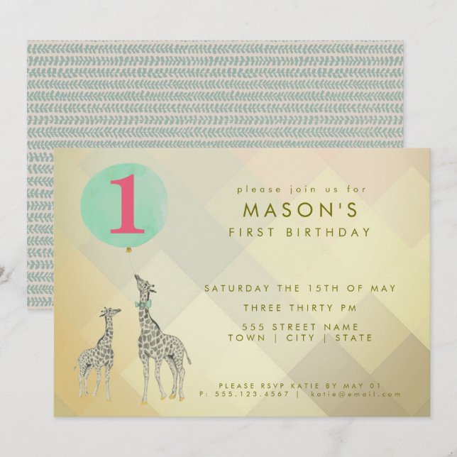 MUTTER UND BABY GIRAFFE UND BALLOON| BIRTHTAG EINLADUNG (Vorne/Hinten)