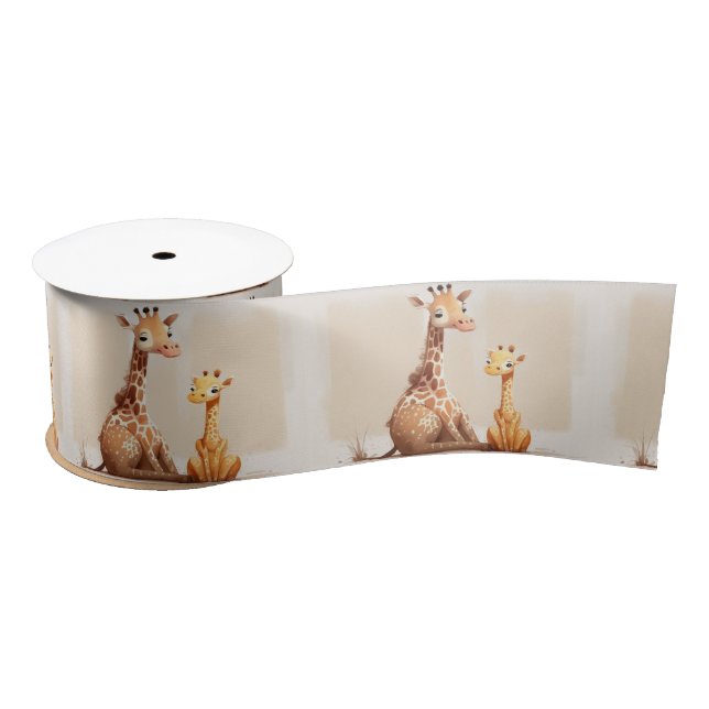 Mutter und Baby Giraffe Watercolor Satinband (Spule)