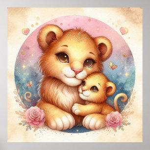 Mutter und Baby Löwe Poster
