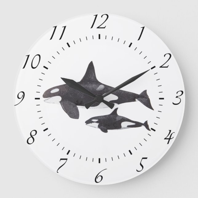 Mutter und Baby Orca Große Wanduhr (Vorderseite)