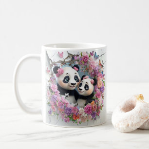 Mutter und Baby Pandas tauchen spielerisch aus der Kaffeetasse
