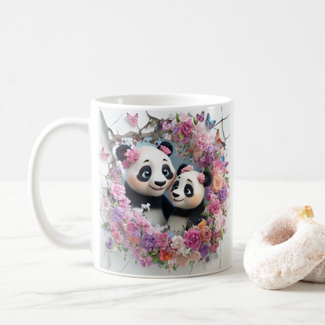 Mutter und Baby Pandas tauchen spielerisch aus der Kaffeetasse (Mit Donut)