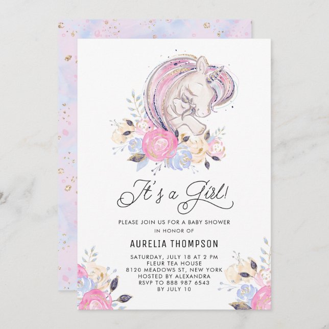 Mutter und Baby Unicorn Es ist eine Mädchen-Babydu Einladung (Vorne/Hinten)