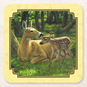 Mutter und Baby Whitetail Deer Yellow Rechteckiger Pappuntersetzer
