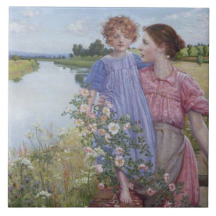 Mutter und Kind am Fluss Mit wilden Rose Fliese