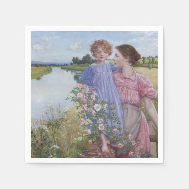Mutter und Kind am Fluss Mit wilden Rose Serviette (Vorderseite)