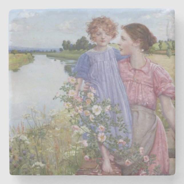 Mutter und Kind am Fluss Mit wilden Rose Steinuntersetzer (Vorderseite)