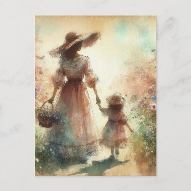 Mutter und Kind auf einem Blumenfeld zum Muttertag Postkarte (Vorderseite)