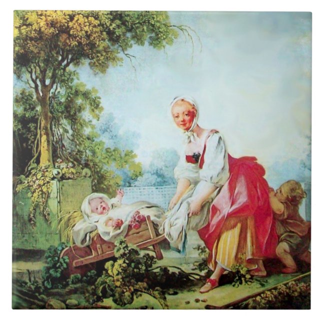 Mutter und Kind auf Rollkarren von Fragonard Fliese (Vorderseite)