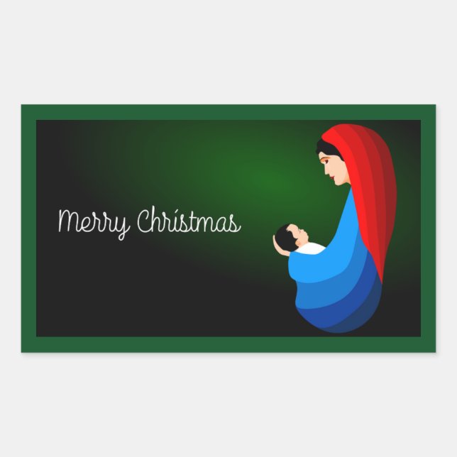 MUTTER UND KIND "MERRY CHRISTMAS" RECHTECKIGER AUFKLEBER (Vorderseite)