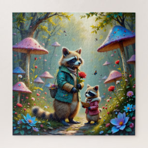 Mutter und Kind-Raccoon auf dem Weg zu einem Party Puzzle